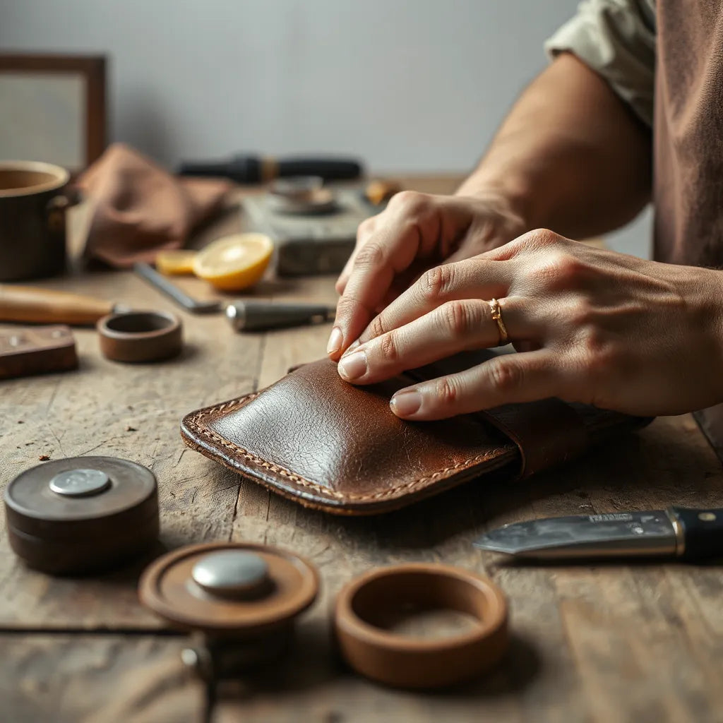 Artisan hands stitching a premium handmade leather item on a wooden workbench