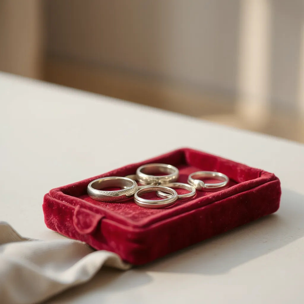 Assorted handcrafted silver rings on a velvet tray in soft natural light