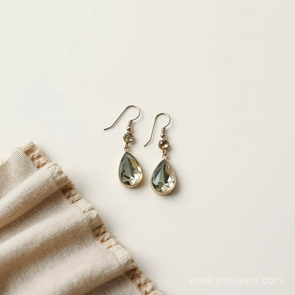 Handmade drop earrings with subtle gemstones arranged on neutral fabric with a small craft brush nearby