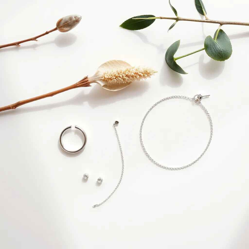Minimal silver ring, stud earrings, delicate necklace, and thin bracelet arranged on a light background
