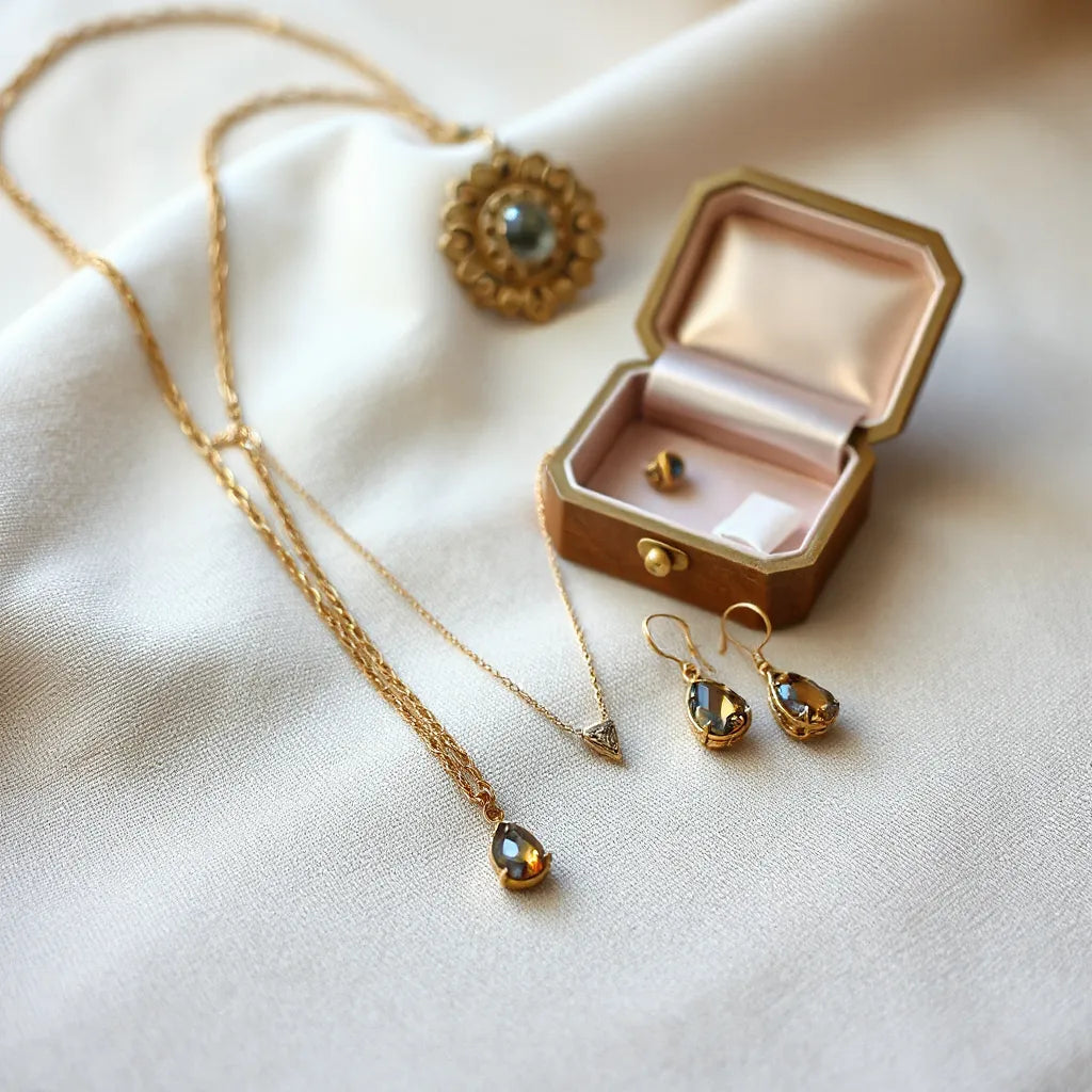 Vintage inspired necklace, bracelet, and drop earrings arranged on neutral fabric with warm lighting