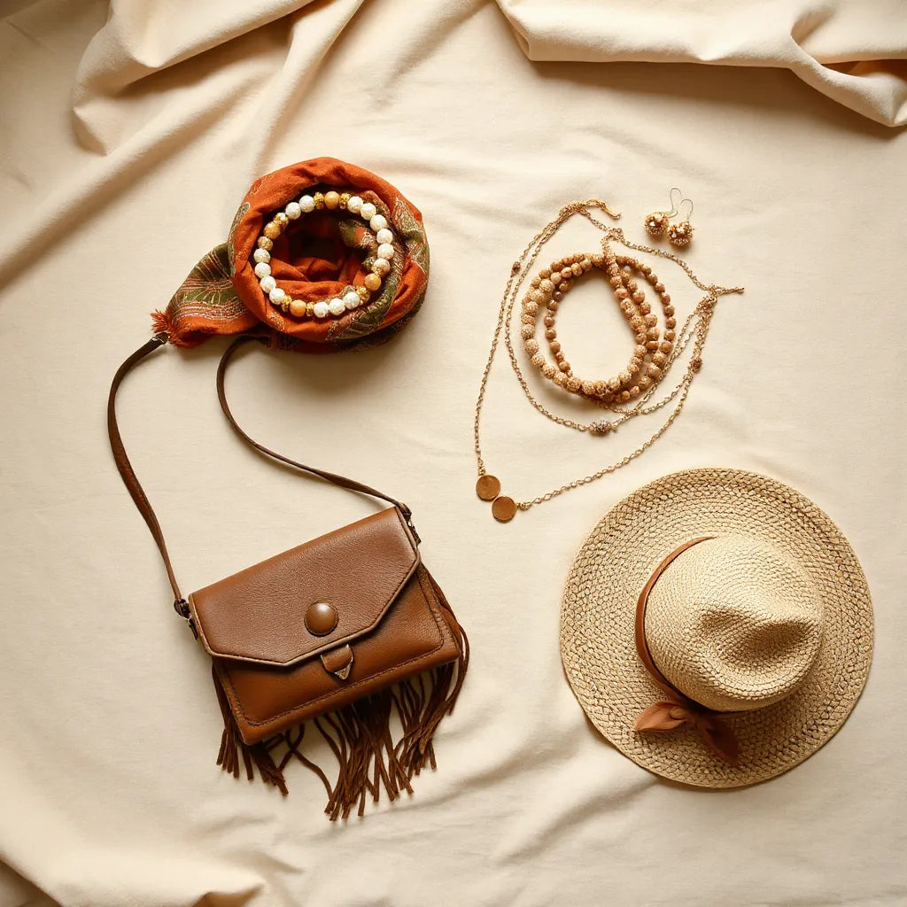 Layered bohemian accessories including scarf, necklaces, bracelets, fringe bag, and earrings in warm earthy tones