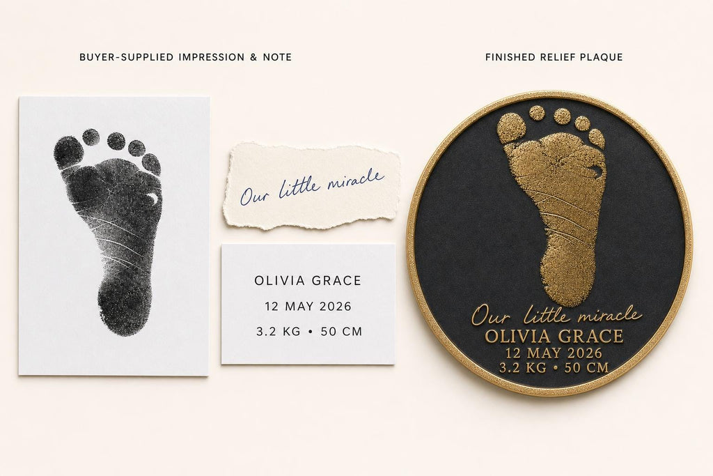 Personalised Baby Handprint Footprint Plaque, Custom Birth Stats Keepsake, Antique Brass Newborn Impression Gift