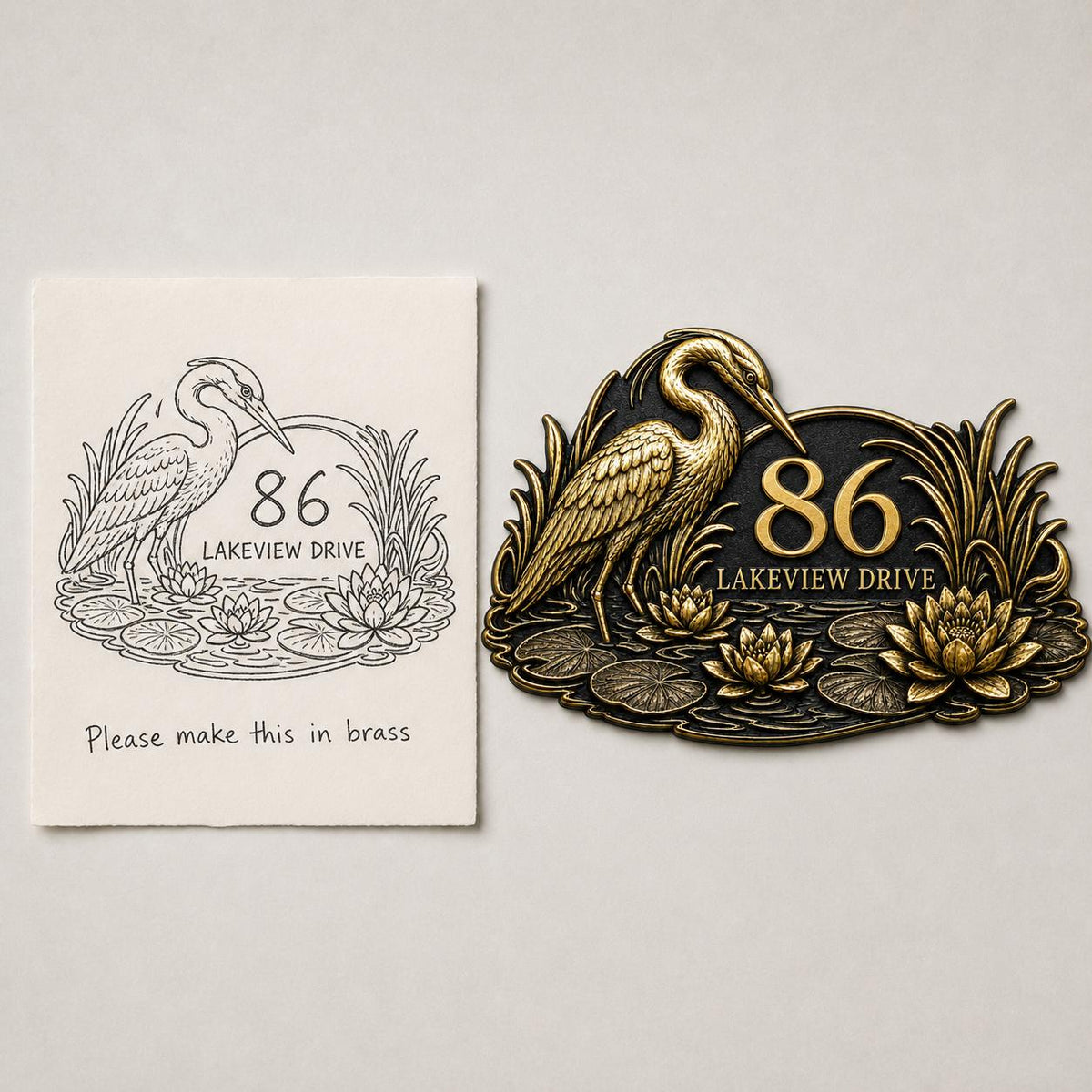 Design Your Own House Number Plaque, Heron and Water Lilies