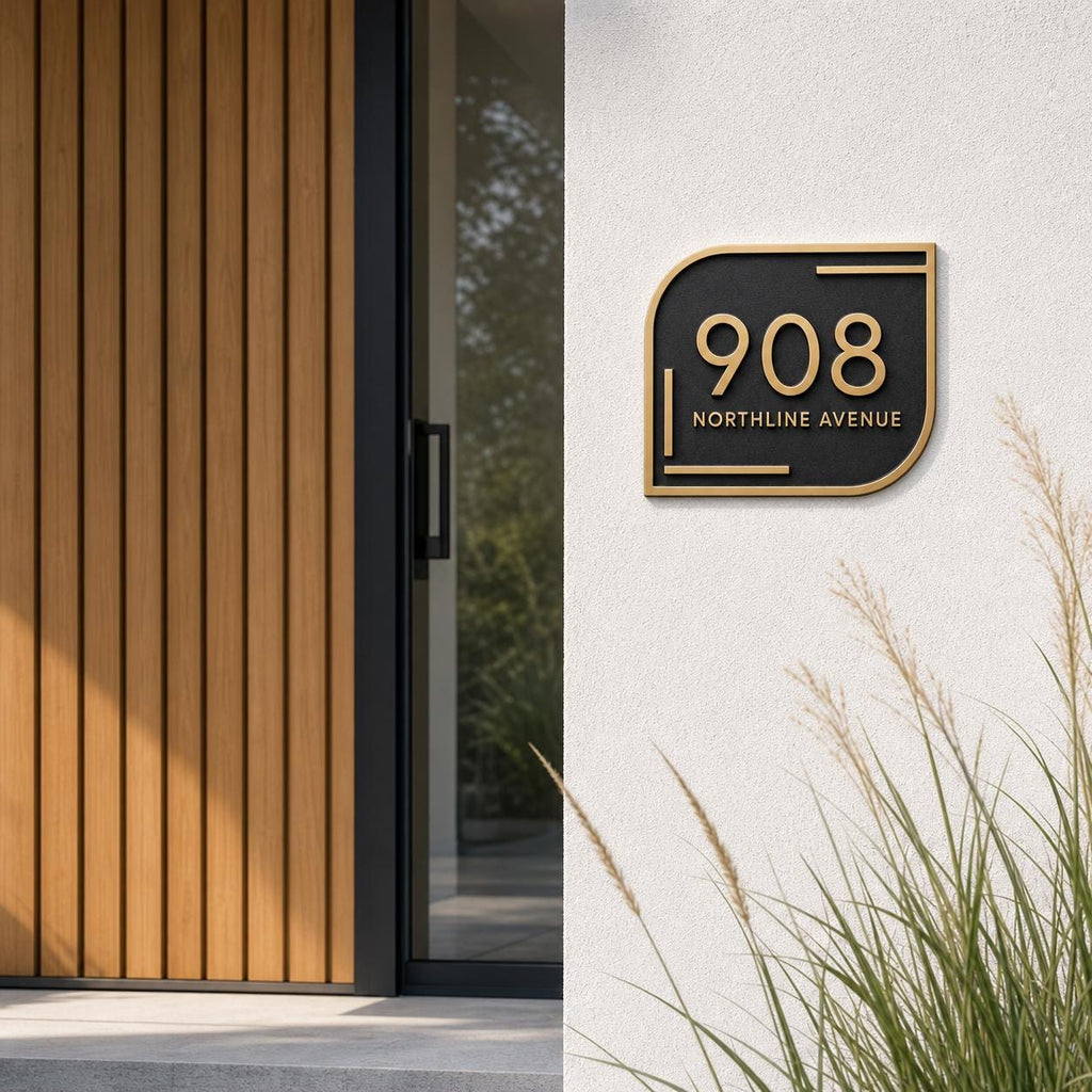 Personalized Address Plaque – Antique Brass Modern Asymmetric