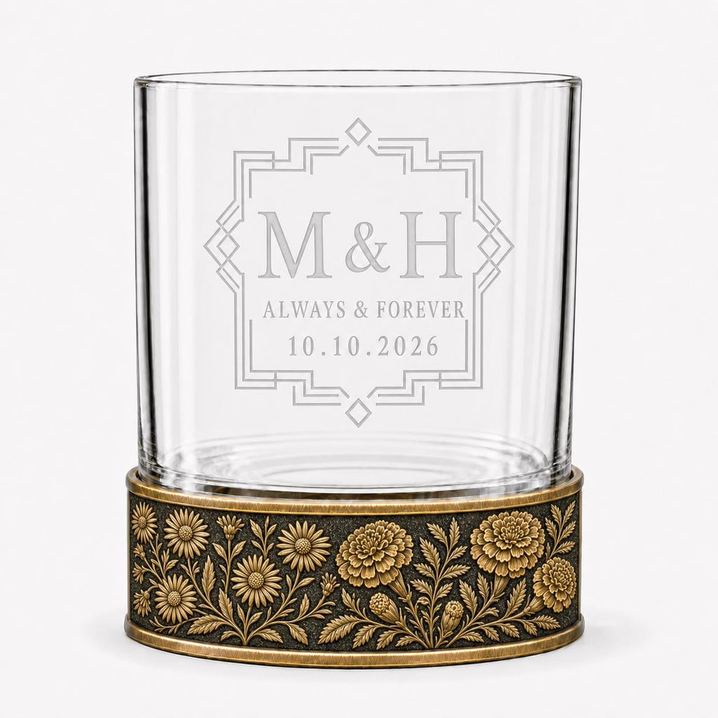 Personalized Birth Flower Whiskey Glass – Chrysanthemum and Narcissus, 10 oz