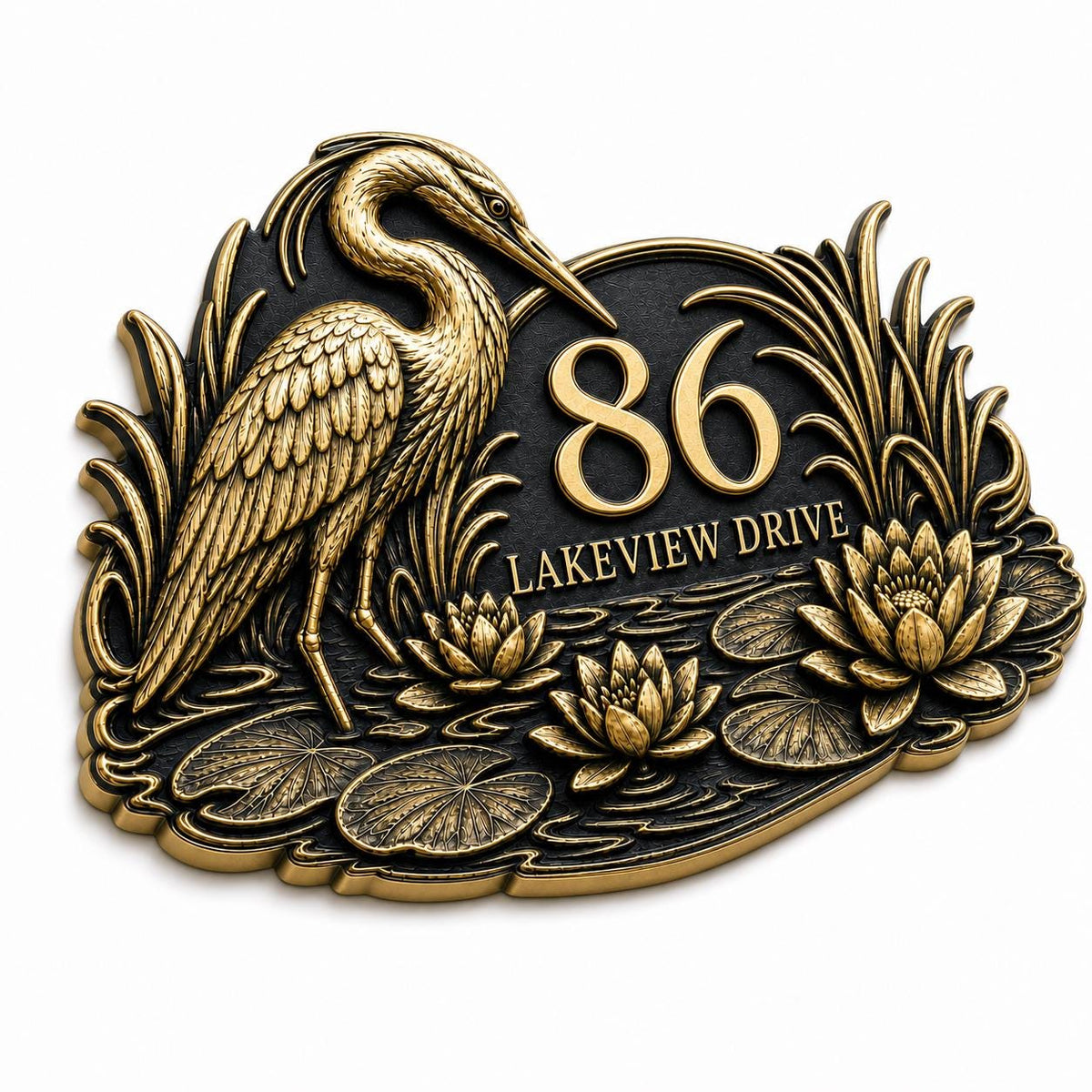 Design Your Own House Number Plaque, Heron and Water Lilies