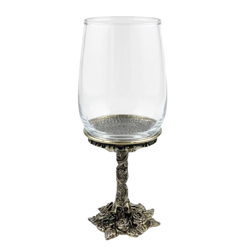 Gothic wine glass with clear bowl and detailed antique-brass foot