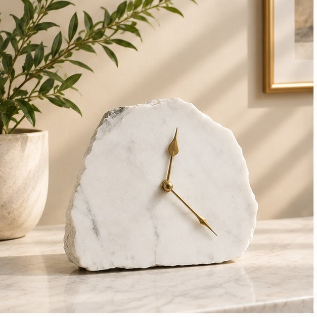 Hand Chipped Large Irregular White Marble Desk/Wall Clock