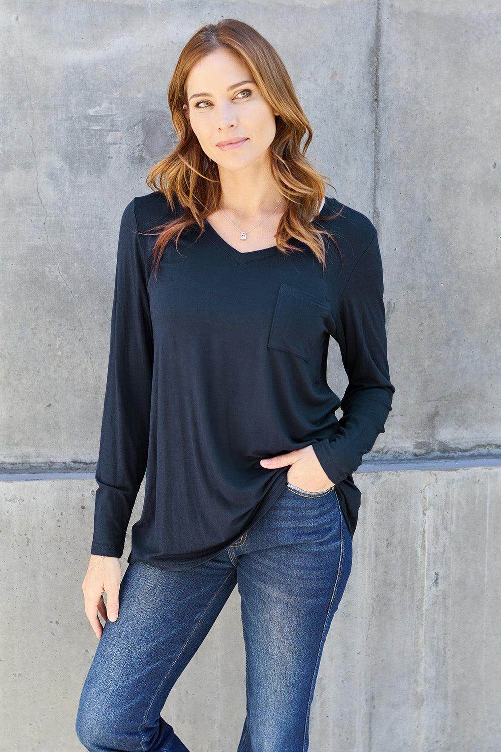 Basic Bae Full Size V-Neck Long Sleeve Top for Women - n/a at Dealshubindia