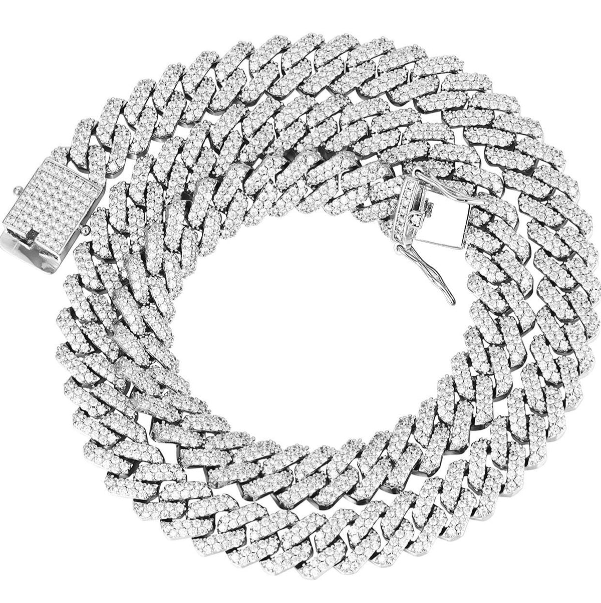 12mm Frosted Cuban Chain Necklaces White Gold-3