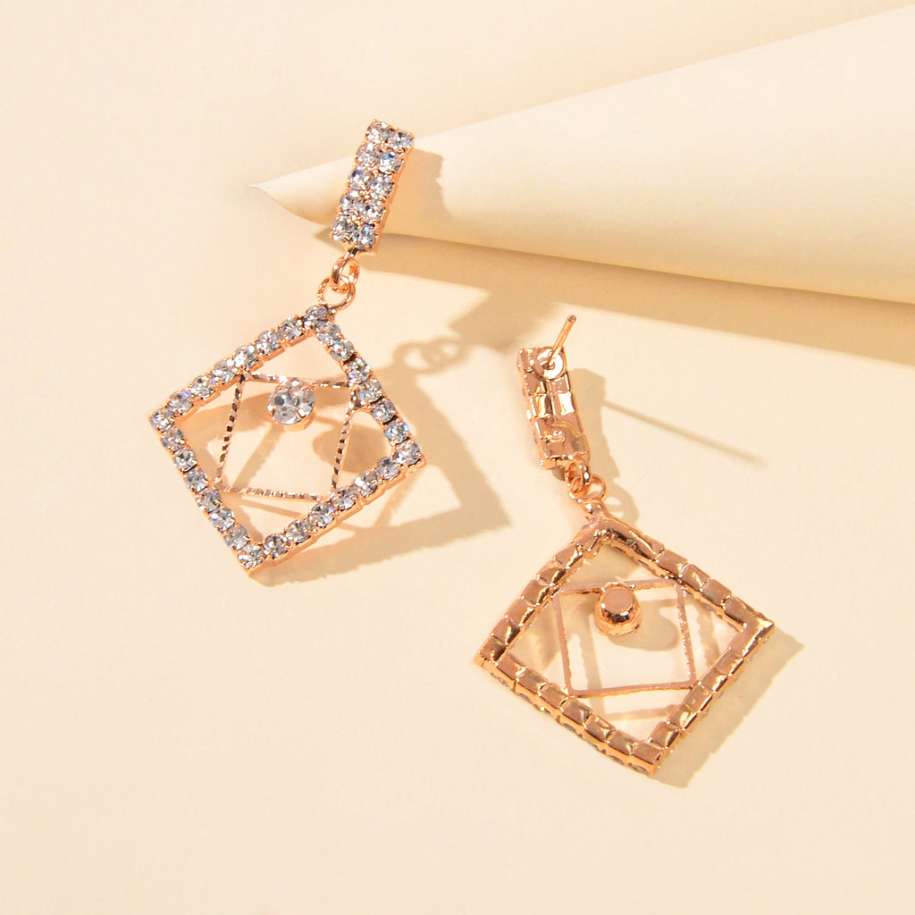 Anniversary Wedding Jewelry Luxury Full Rhinestone Square Dangle Bridal Earrings
