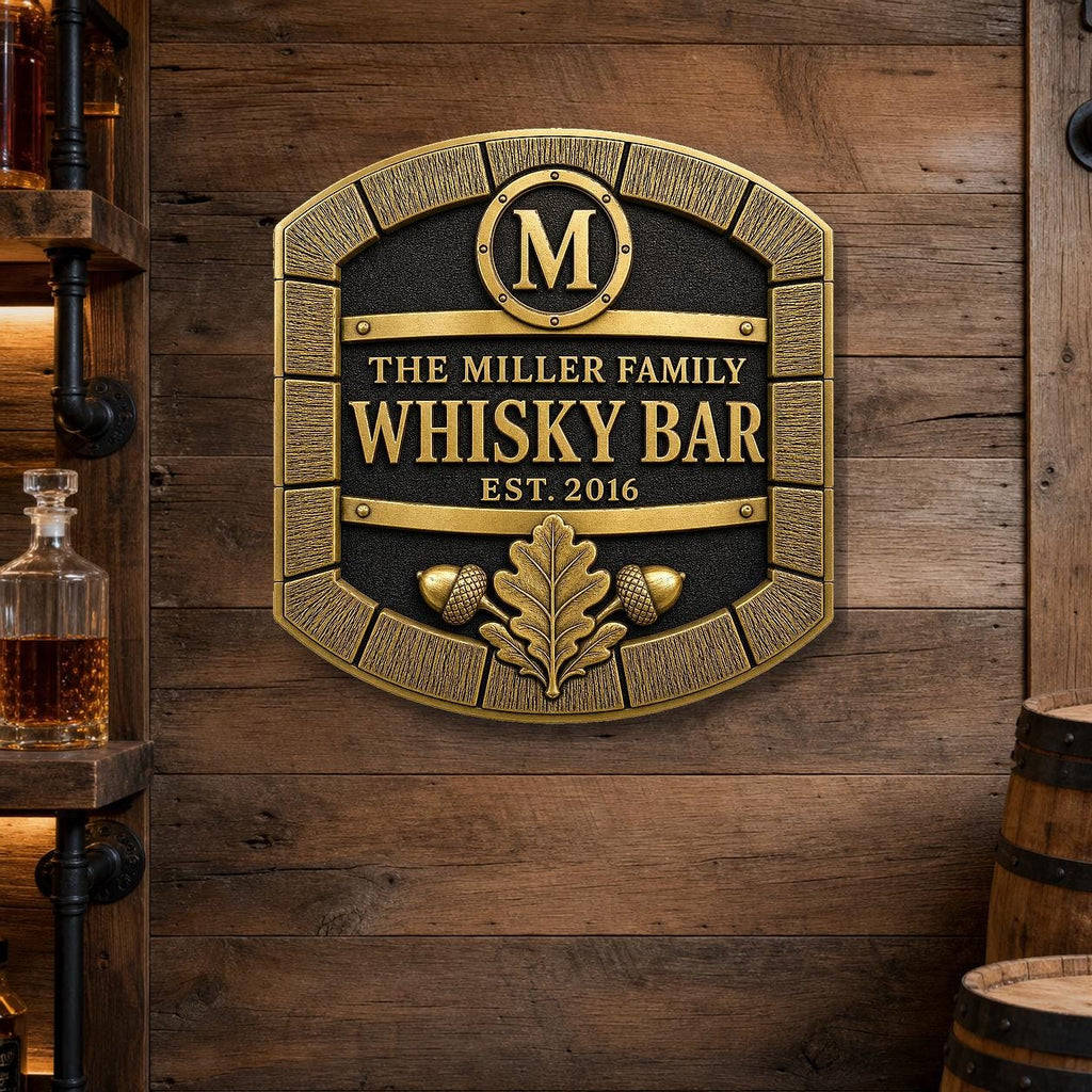 Personalized Home Bar Sign – Antique Brass Barrel Front