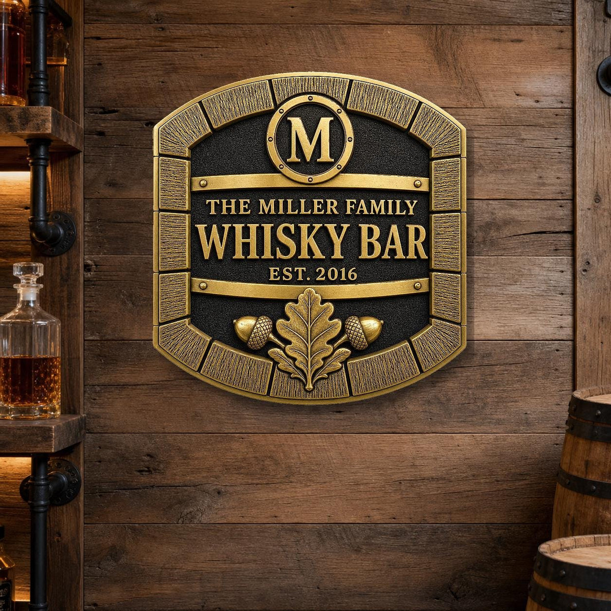 Personalized Home Bar Sign – Antique Brass Barrel Front