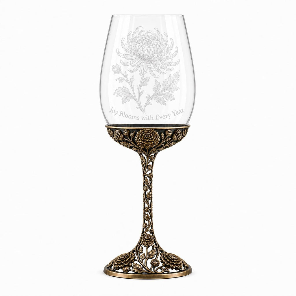 November Chrysanthemum Wine Glass, Personalised Birth Flower, Openwork Brass Stem, Custom Etched Gift
