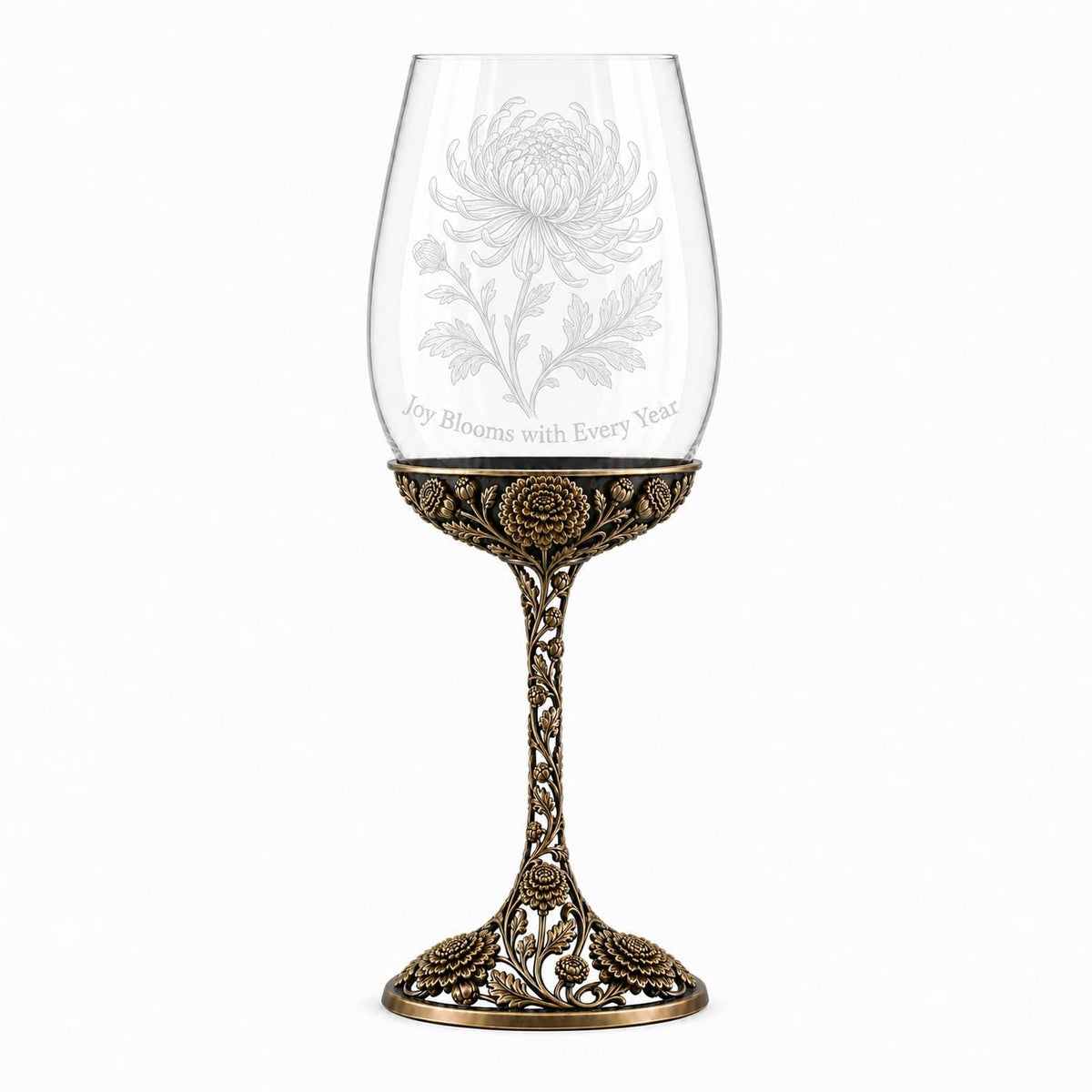November Chrysanthemum Wine Glass, Personalised Birth Flower, Openwork Brass Stem, Custom Etched Gift