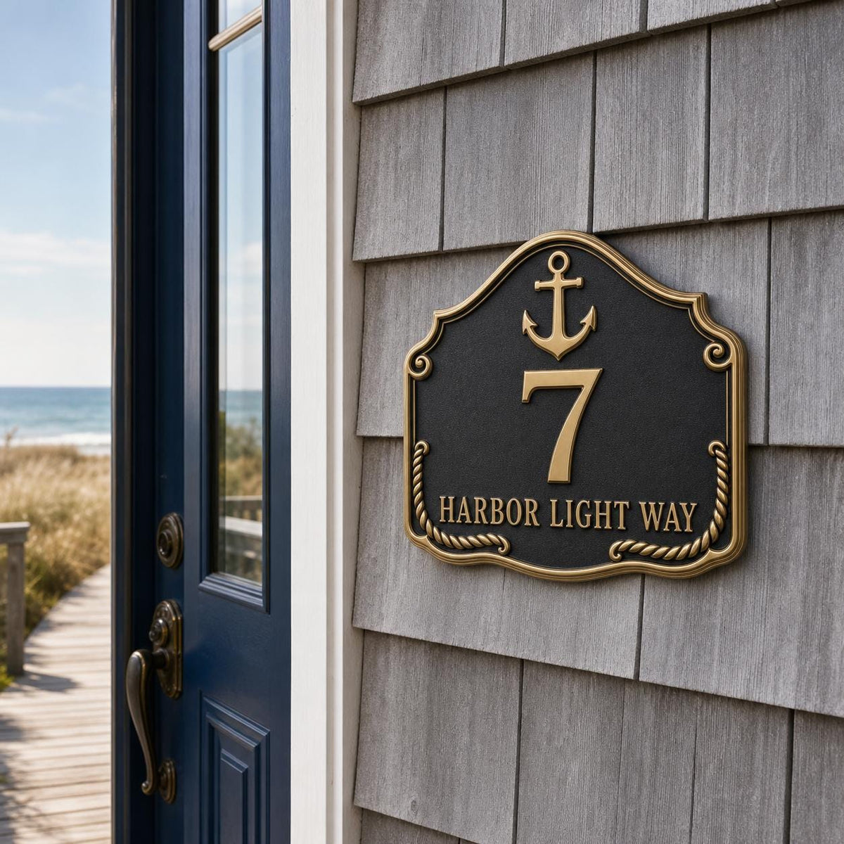 Personalized Address Plaque – Antique Brass Anchor and Rope