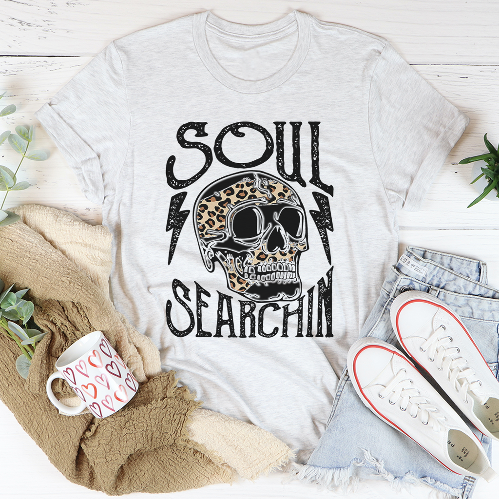 Unisex light gray graphic T-shirt with Soul Searchin skull front print