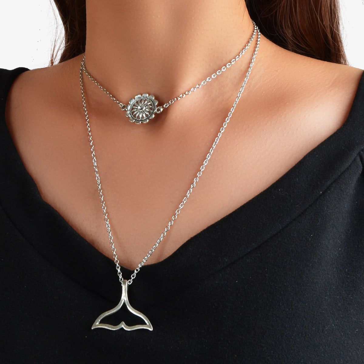 Bohemian Beach Jewelry Silver Layering Chain Choker Mermaid Tail Charm Necklace