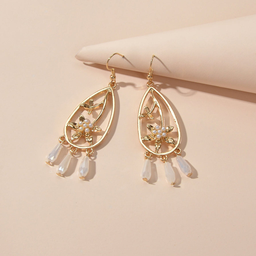 Courtly Style Pearl Flower Beads Charm Hollow Water Drop Dangle Hook Earrings