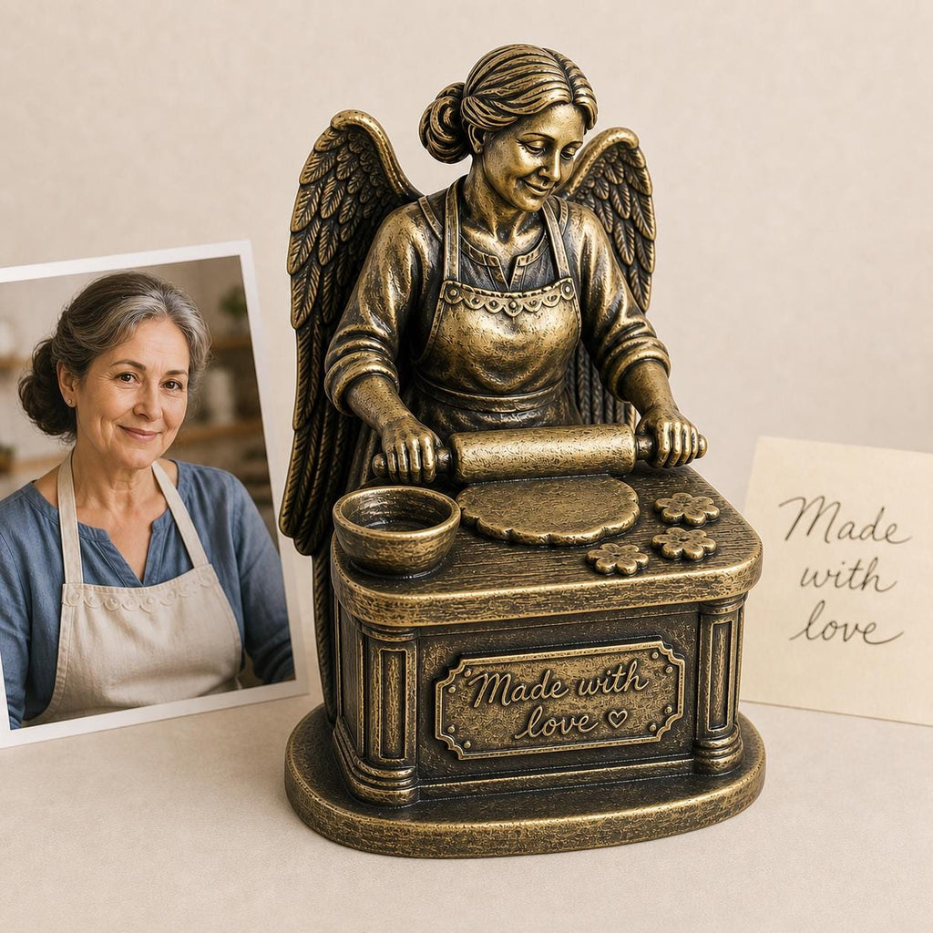 Personalised Baker Memorial Figurine from Photo, Antique Brass Angel Statue, Grandma Remembrance Gift