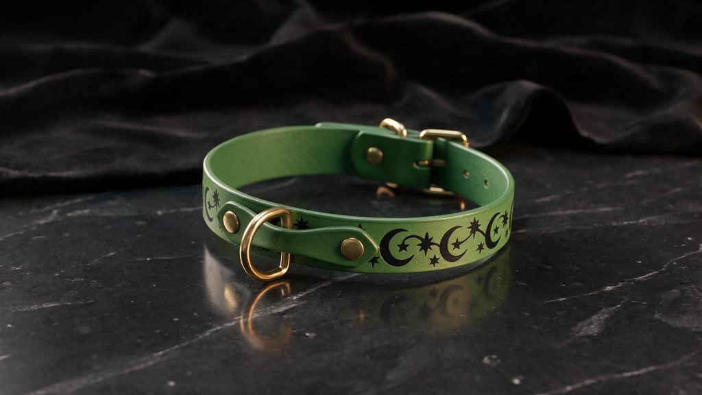 Discreet Day Collar – Moon And Stars Leather Choker Metal Buckle.