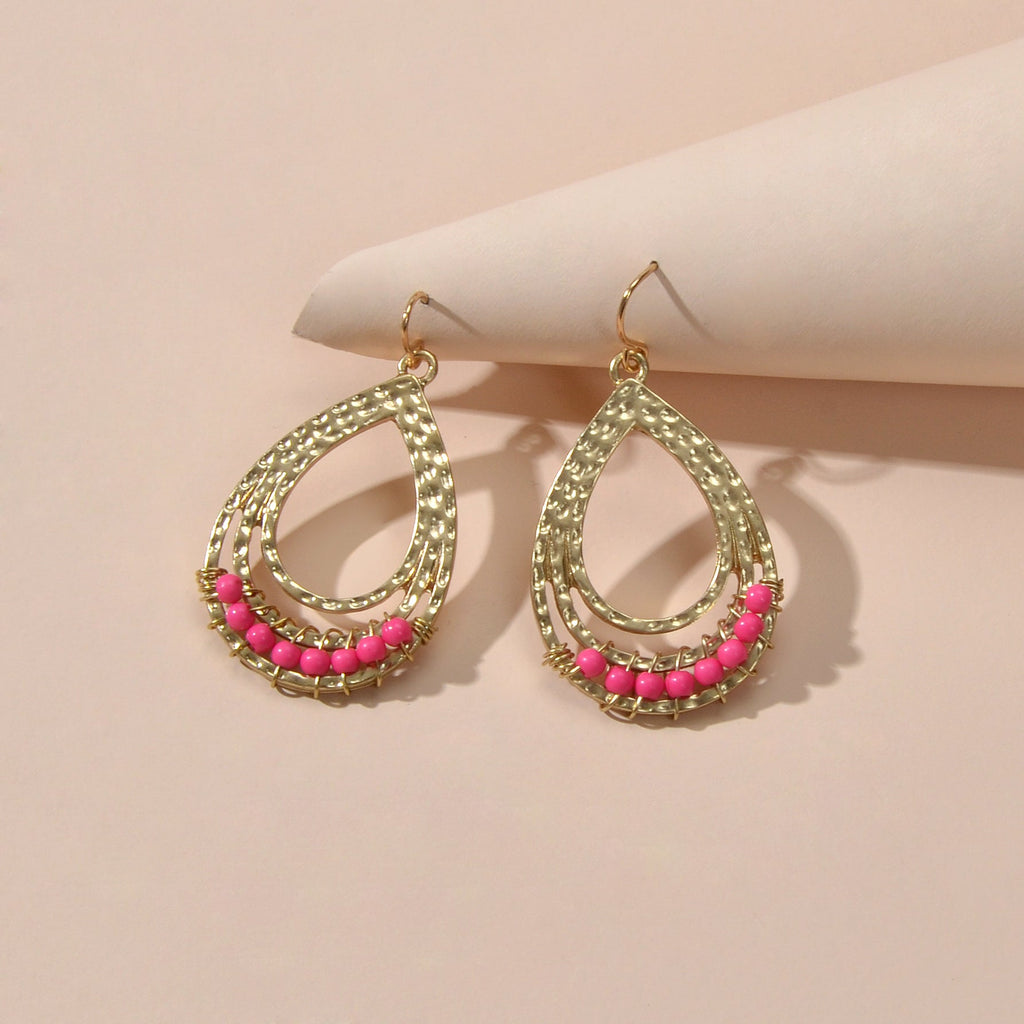 Ethnic Hotpink Beads Handmade Hollow Water Drop Bohemian Traditional Earrings