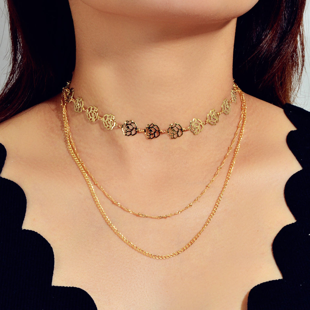 Multi-layer Gold Chain Flower Collar Necklace Ladies Fashion Party Accessories