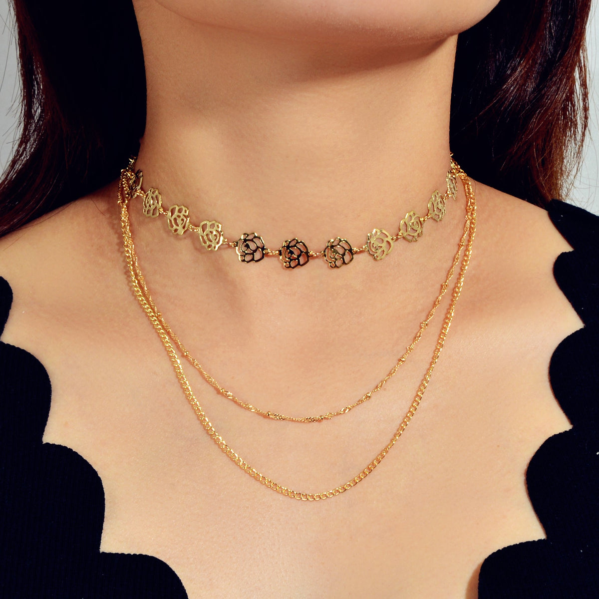 Multi-layer Gold Chain Flower Collar Necklace Ladies Fashion Party Accessories