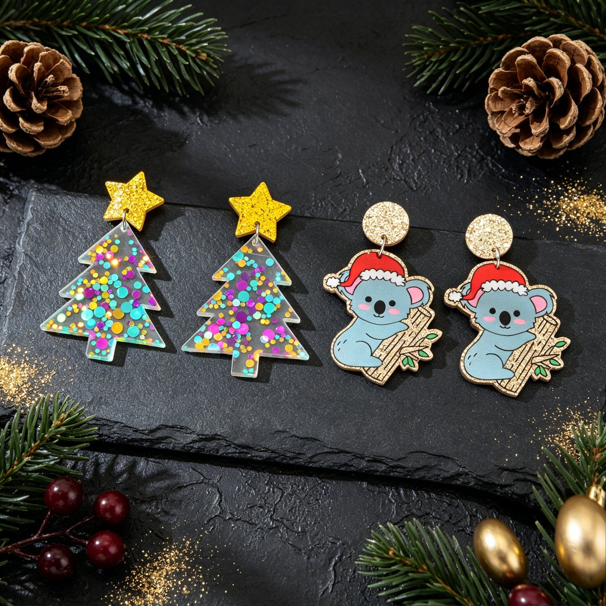 Two pairs holiday drop earrings: star tree designs and koala with Santa hat