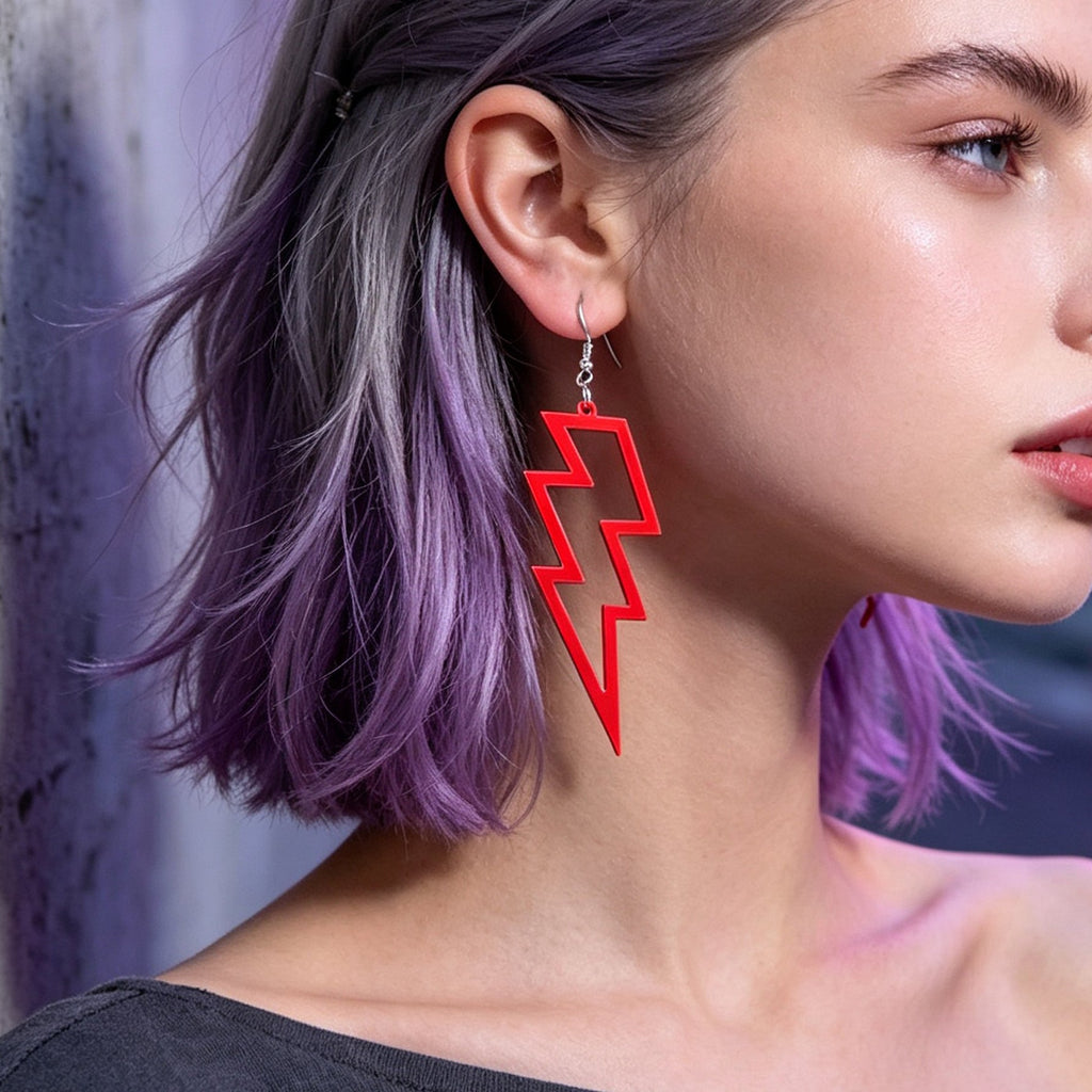 Red lightning bolt dangle earrings with silver hooks