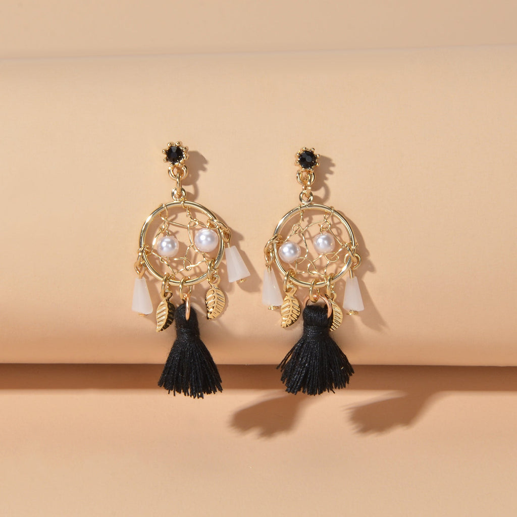 Ethnic Style Bohemian Jewellery Pearl Beads Leaf Charm Tassel Dangle Earrings