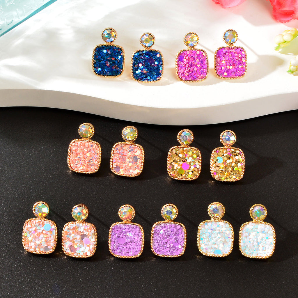 Colorful Square Glitter Sparkle Stud Earrings - Trendy Fashion Jewelry Accessory