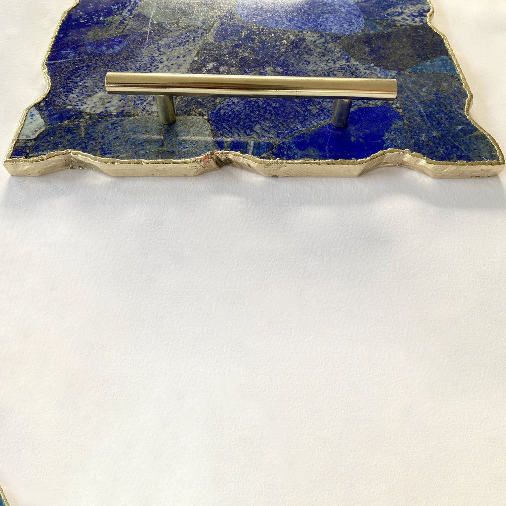 Large Lapis Lazuli Serving Tray With Plain Modern Brass Handles 10"x15"