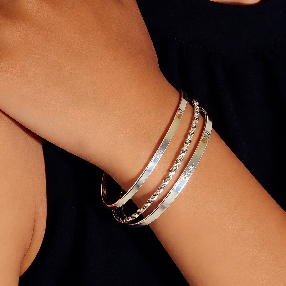 3 pcs Ladies Jewellery Rhinestone Silver Multiple Stackable Bangles Bracelet set