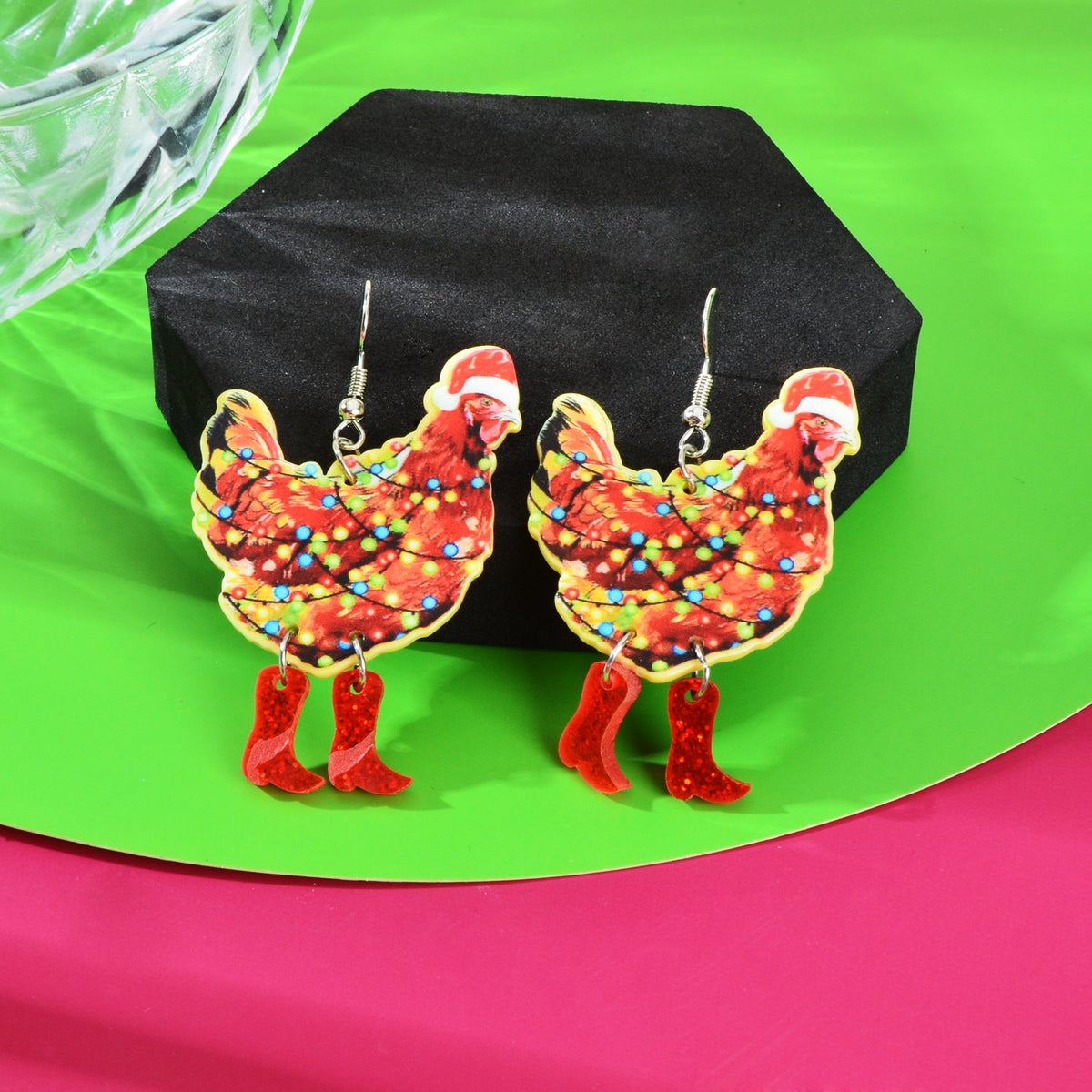 1pair Christmas Coloured Lights Decor Red Big Cock Acrylic Dangle Earrings Women Festival Jewelry - Earrings at Dealshubindia