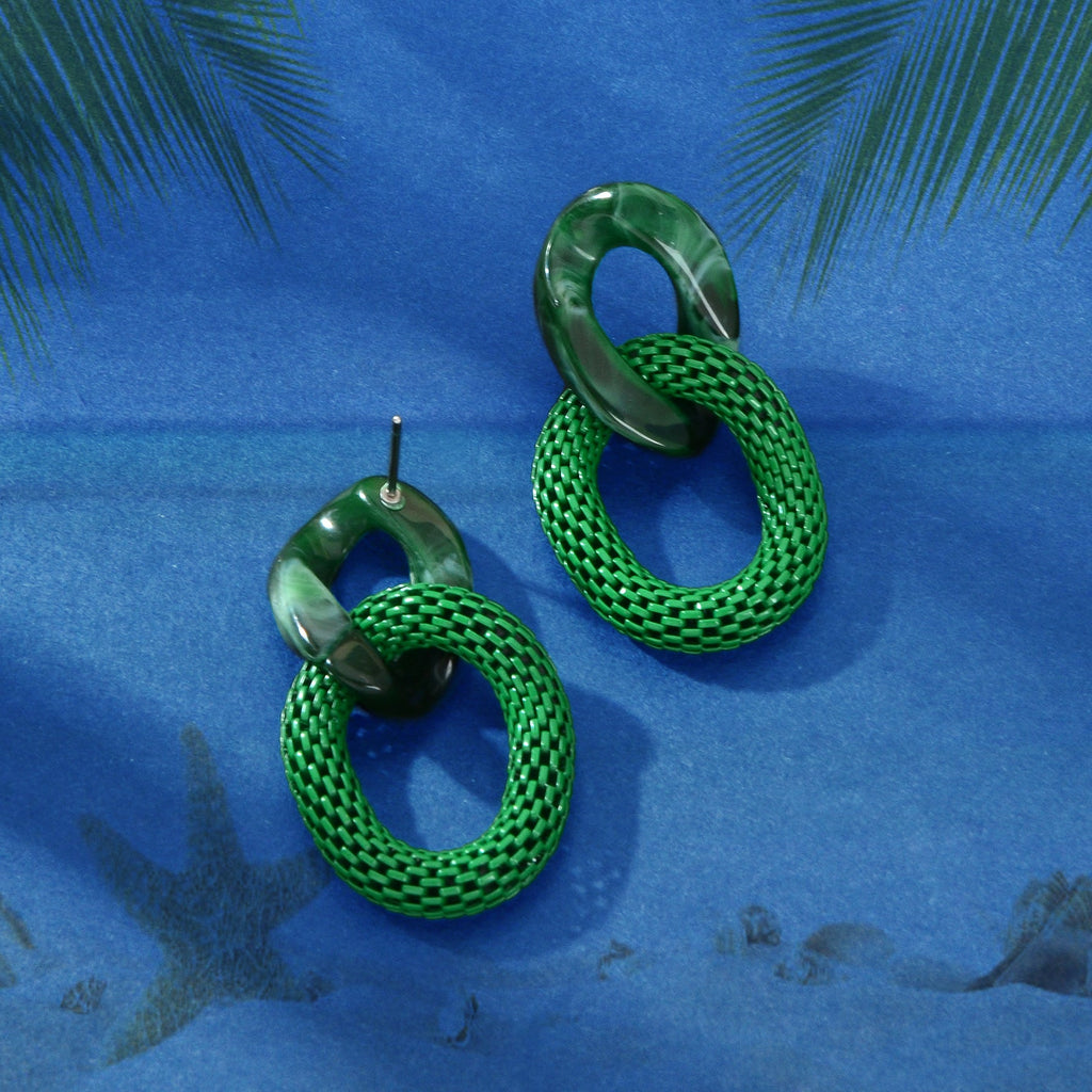 Green resin hoop and textured chain-link drop earrings, pair of oval rings