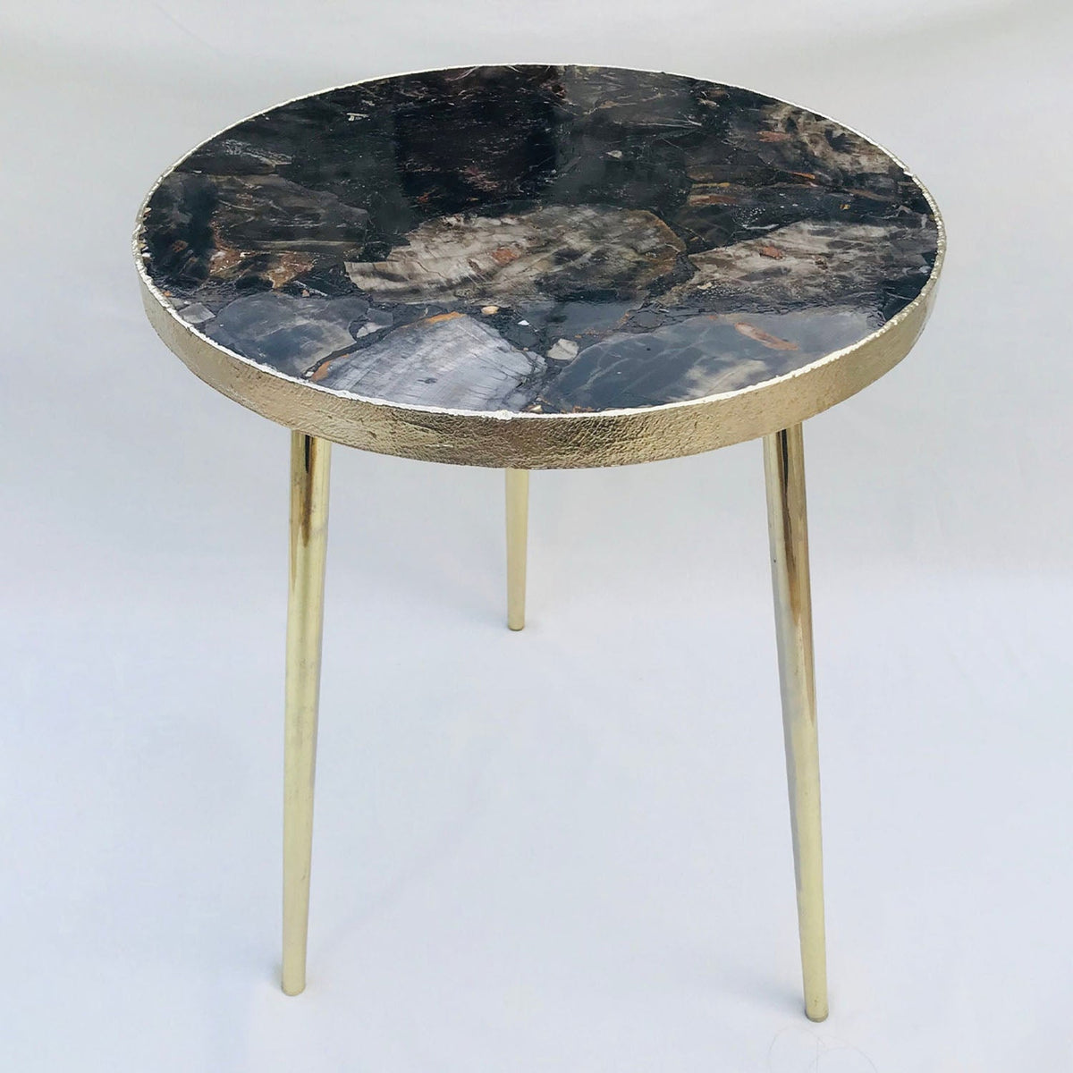 Black Petrified Wood Side Table, Round Top