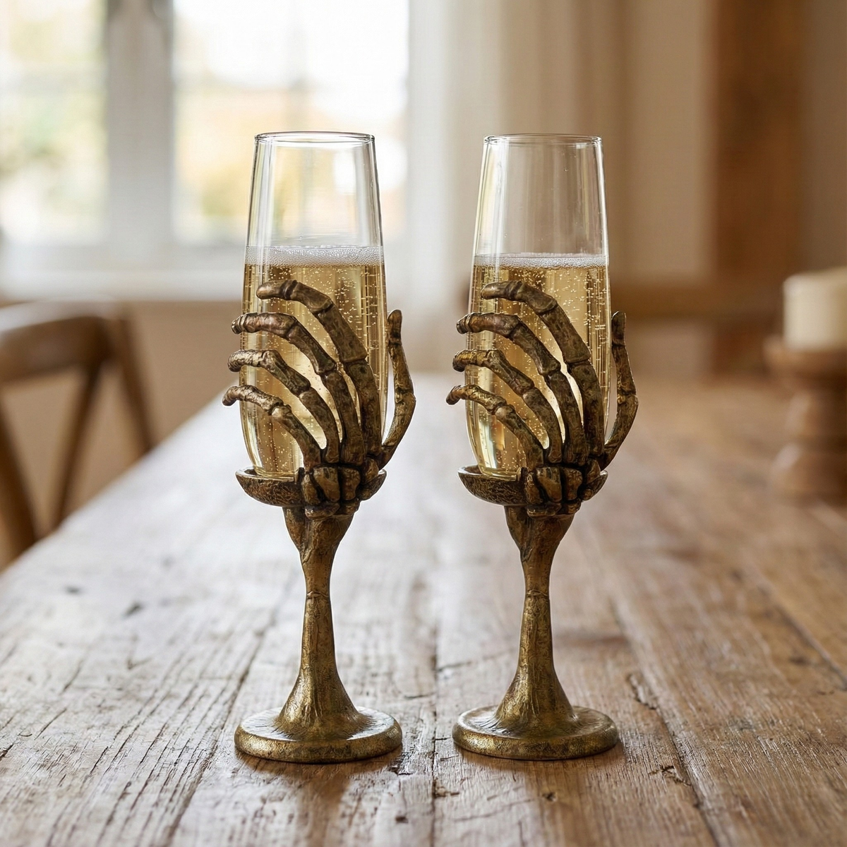 Skeleton Hand Champagne Glasses | Set of 1 or 2 | Cocktail Glasses | Halloween Glasses | Statement Barware | Gold, Silver or Antique Finish