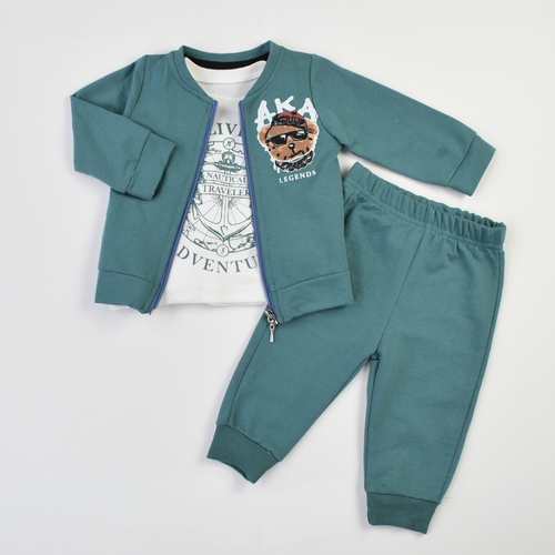 Teal cotton joggers set: zip hoodie jacket and cuffed jogger pants, dog graphic