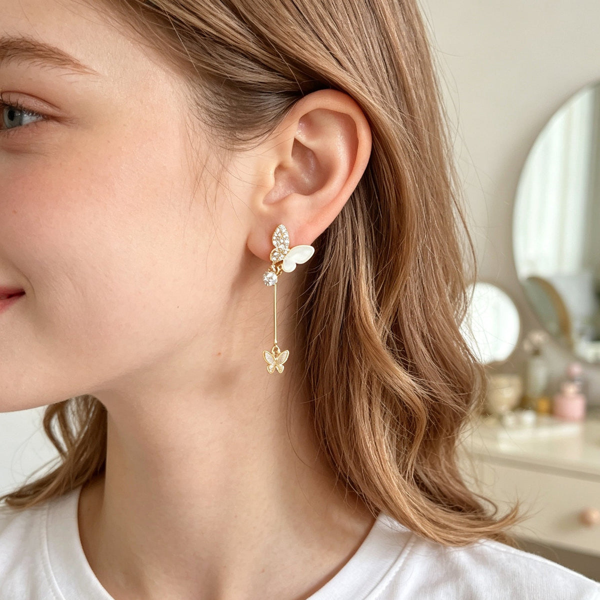 White Enamel Rhinestone Butterfly Pendant Earrings Dainty Gifts for Women Teens