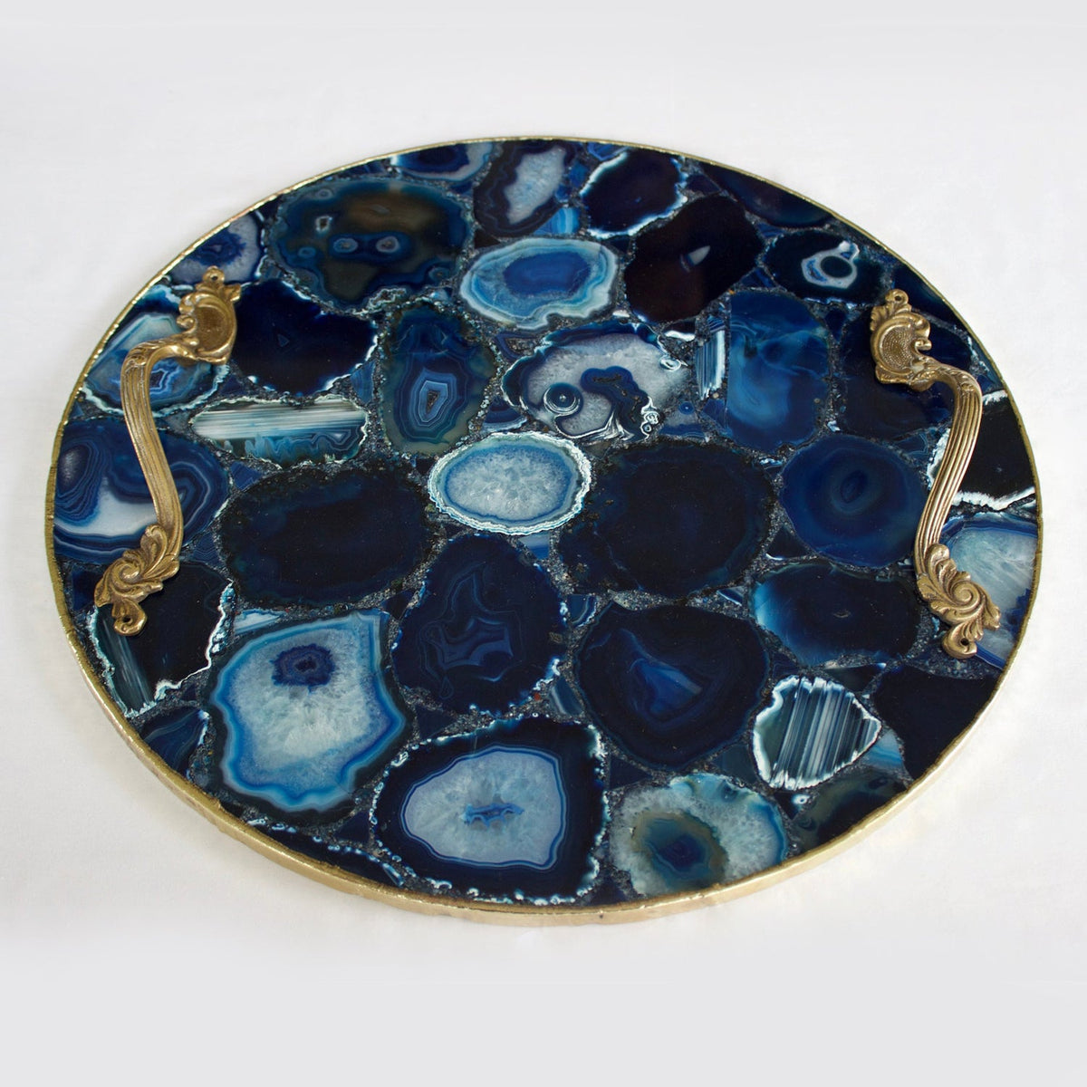 Blue Agate Round Serving Tray with Brass Handles