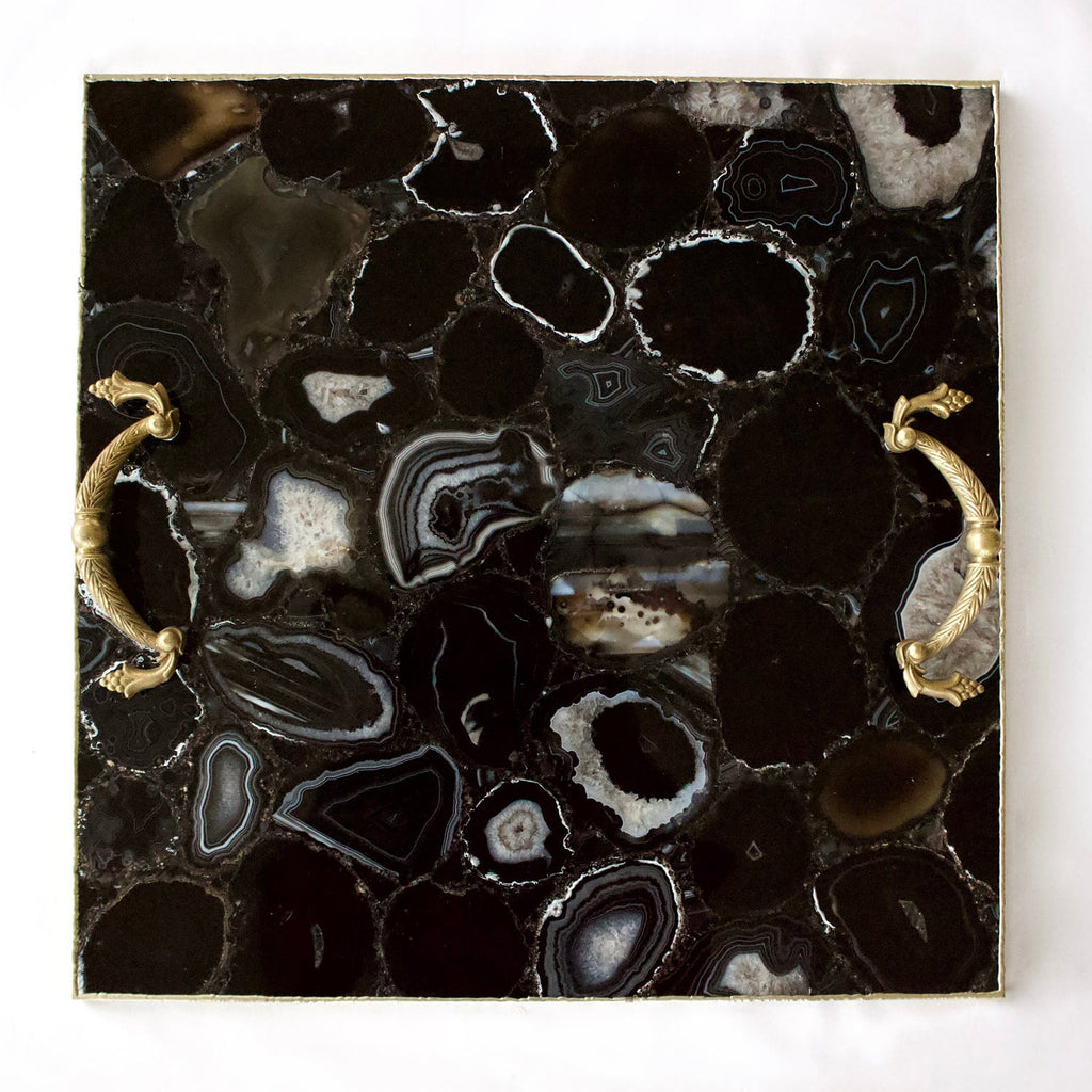 Black Agate Square Serving Tray with Brass Handles