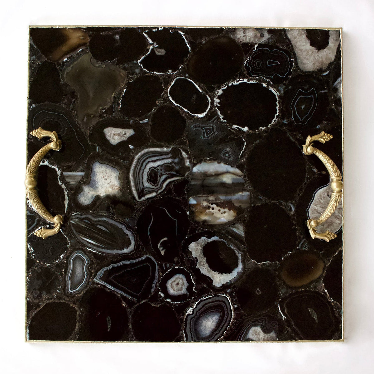 Black Agate Square Serving Tray with Brass Handles