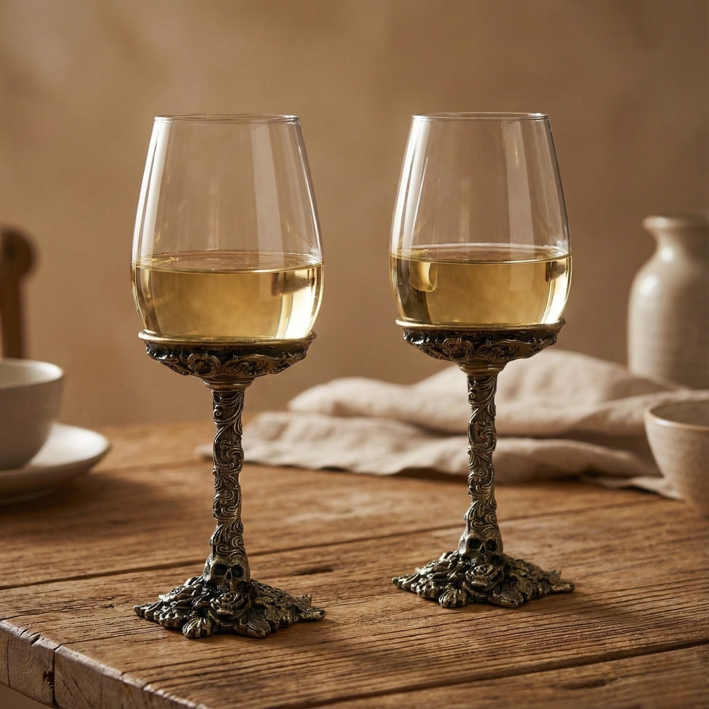 Set of 2/Set of 4 - Gothic Skull & Roses Wine Glasses