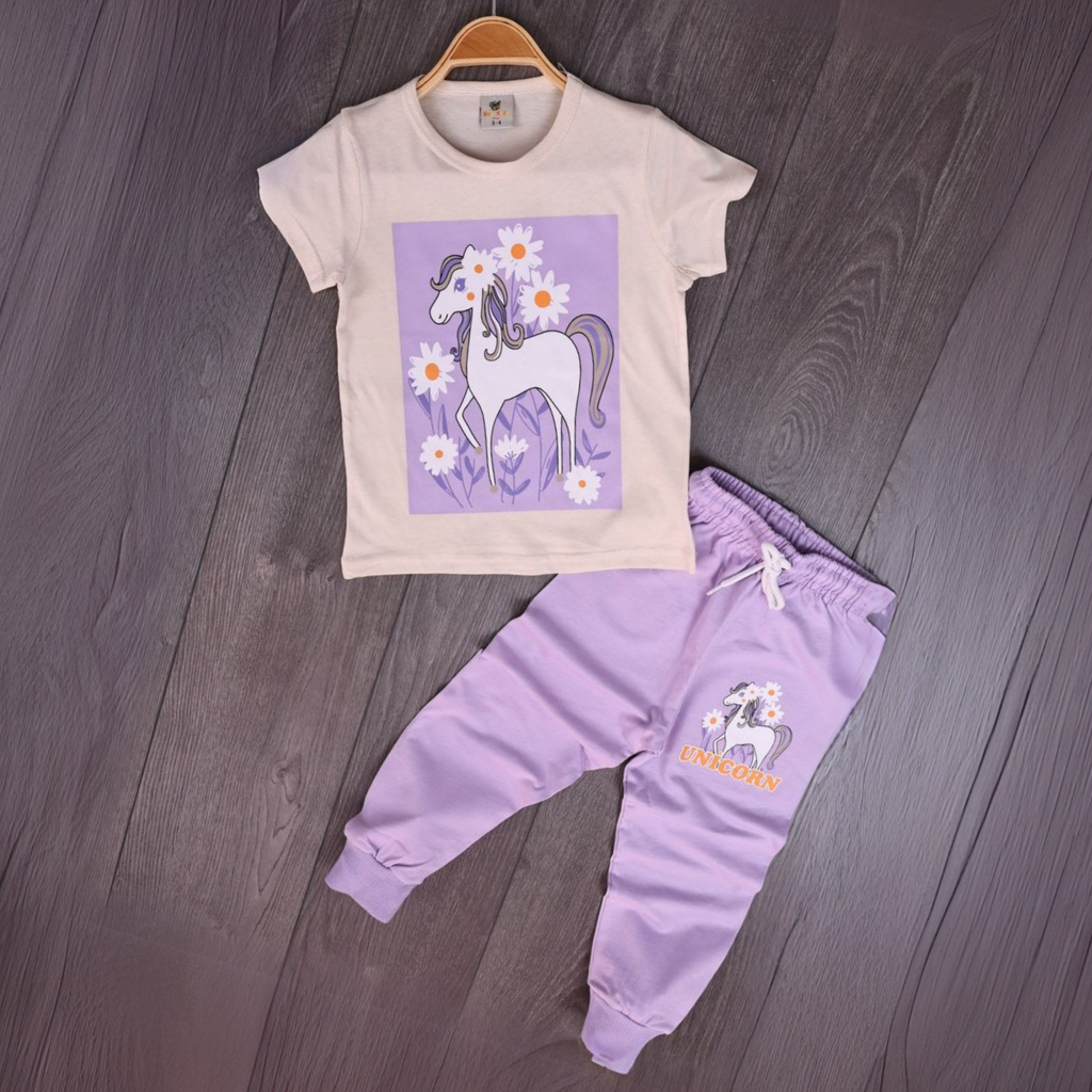 Unicorn Magic joggers set with white T-shirt and purple joggers, unicorn and flower prints