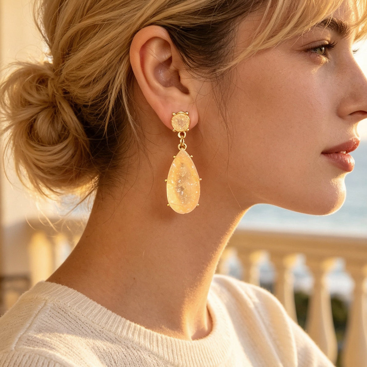 Gold-tone teardrop dangle earrings with peach faux gemstone drops on model.