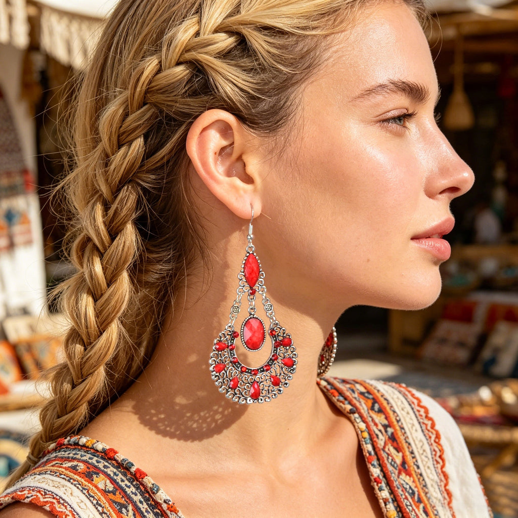 Bohemian Tribal Ethnic Antique Silver Rhinestone Hollow Water Drop Chic Earrings