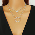 Silver Double-Layered Large Circle Pendant Necklace - Stylish Statement Jewelry