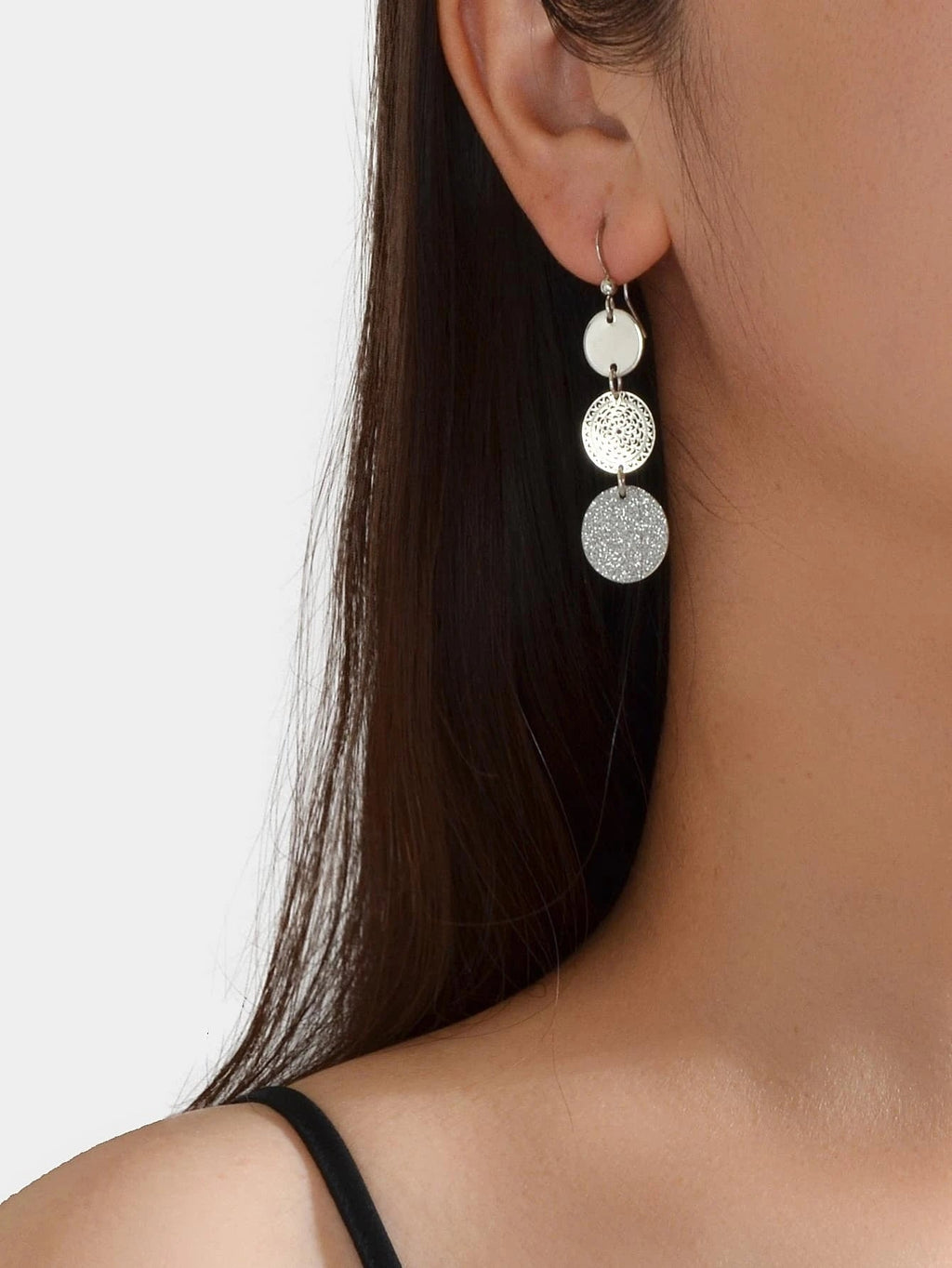 3 Tier Drop Dangle Geometric Shiny Round Disc Earrings Circle Coin Ear Jewellery